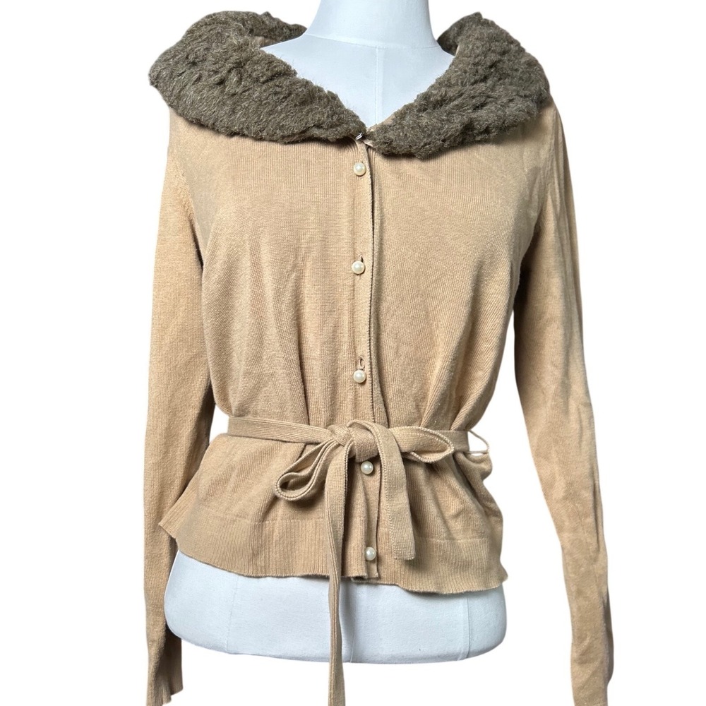Merona Tan Cardigan Sweater Detachable‎ Faux Fur Collar Tie Waist Pearl Button M